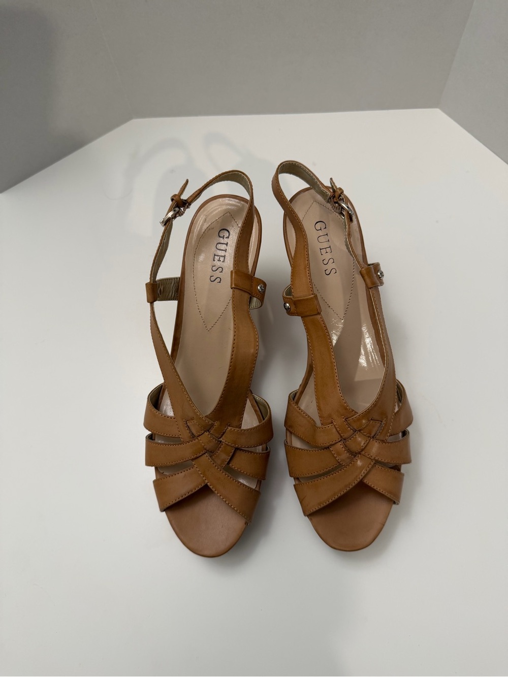 GUESS Women’s Tan Leather Woven Slingback Heels